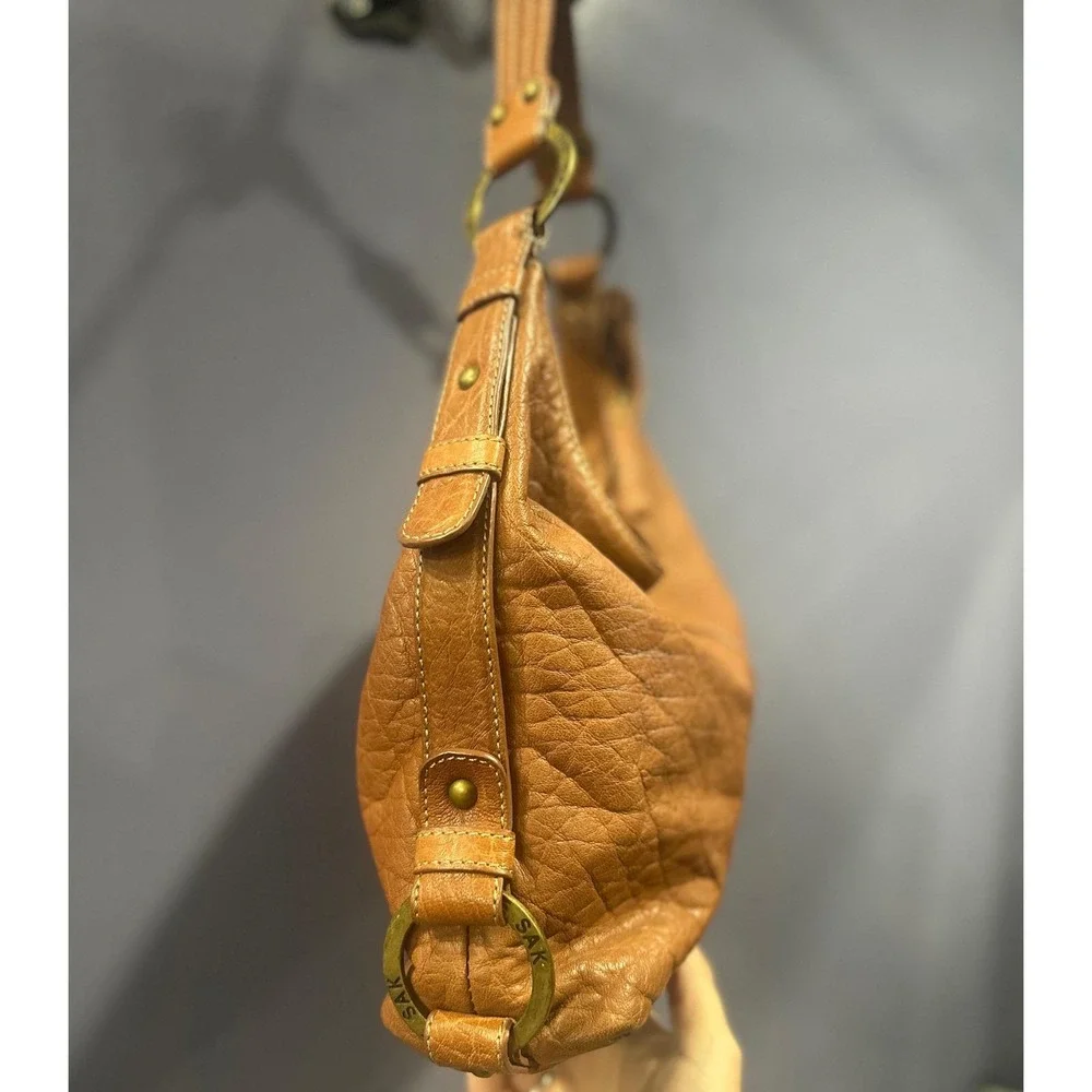 The Sak Pink Label Leather Hobo Shoulder Bag Tan Pebbled Slouchy Boho Y2K Vintag